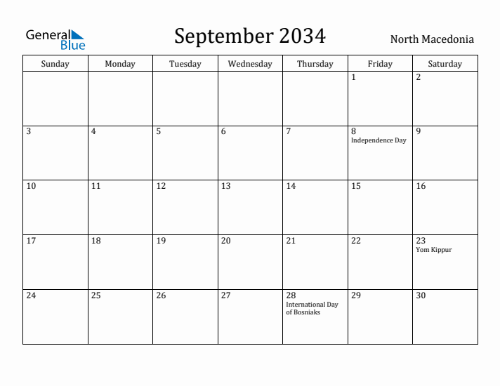 September 2034 Calendar North Macedonia