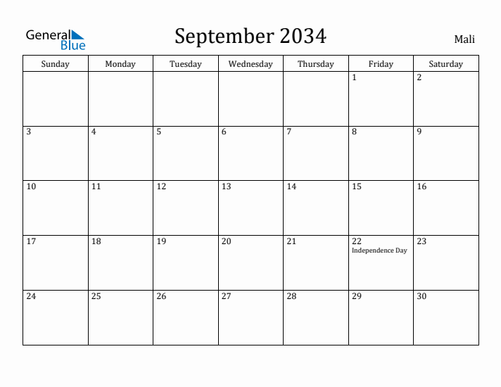 September 2034 Calendar Mali