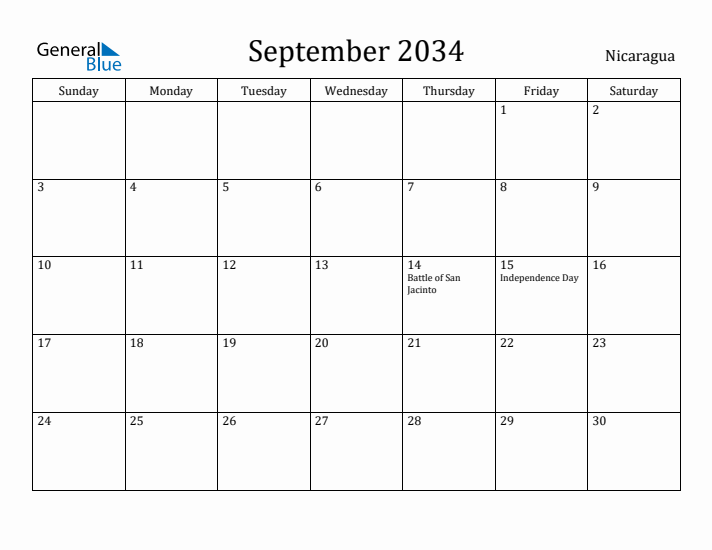 September 2034 Calendar Nicaragua