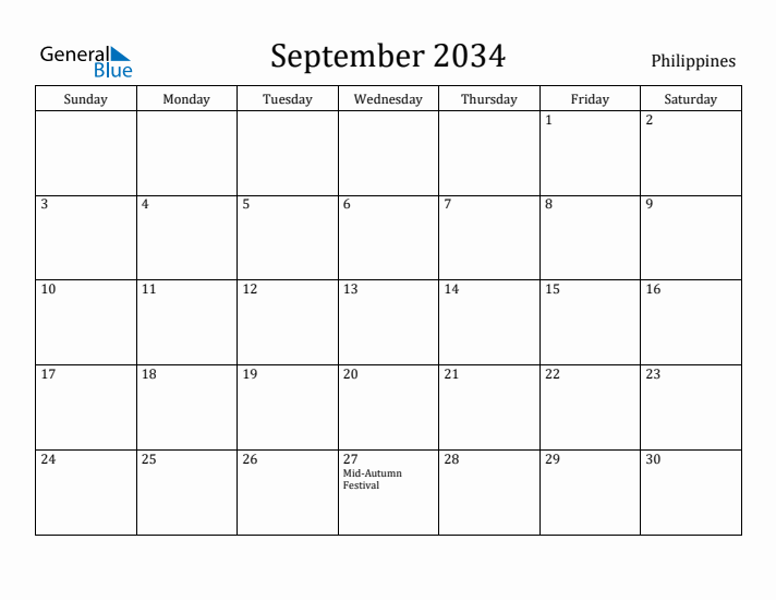 September 2034 Calendar Philippines
