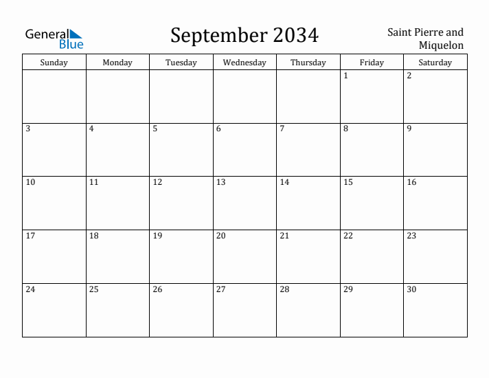 September 2034 Calendar Saint Pierre and Miquelon