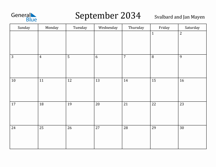 September 2034 Calendar Svalbard and Jan Mayen