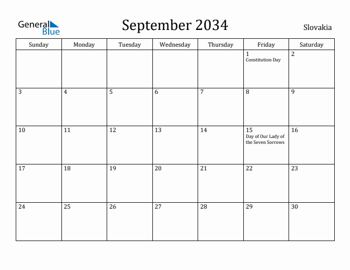 September 2034 Calendar Slovakia