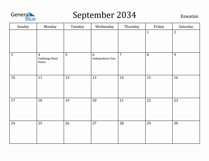 September 2034 Calendar Eswatini