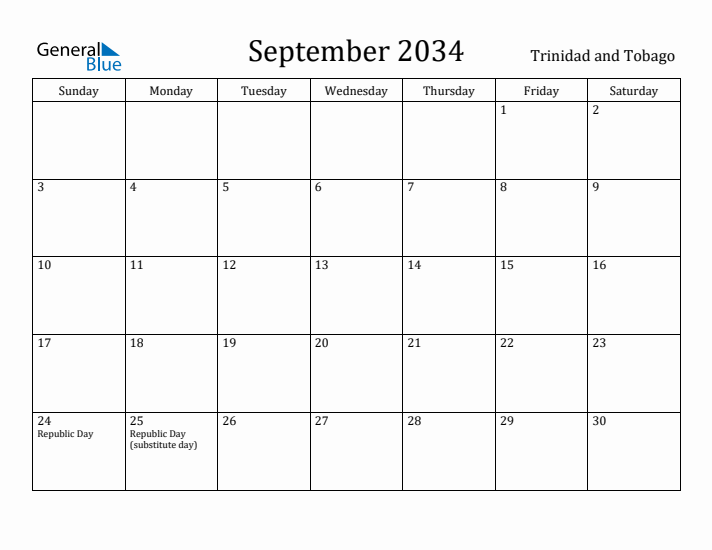 September 2034 Calendar Trinidad and Tobago