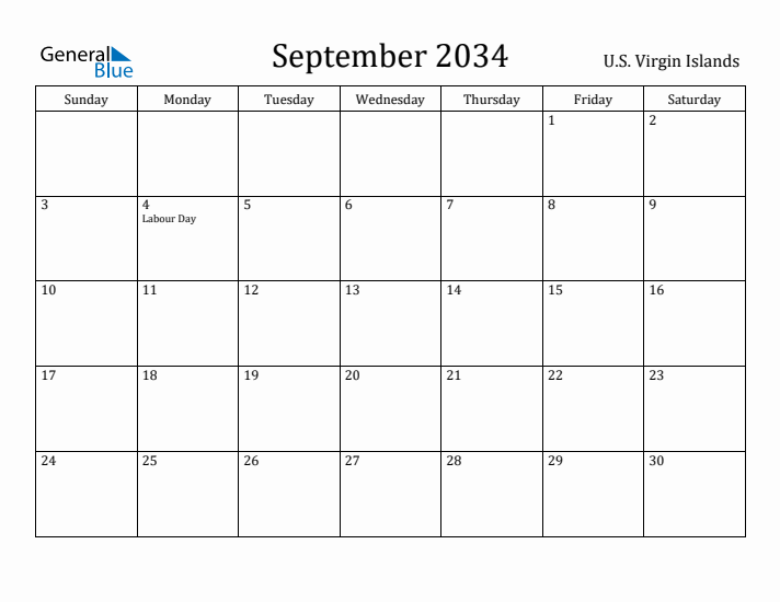 September 2034 Calendar U.S. Virgin Islands