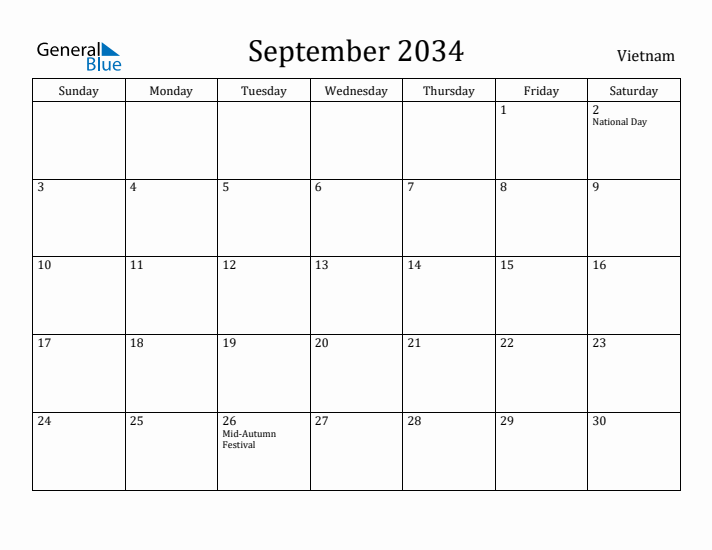 September 2034 Calendar Vietnam