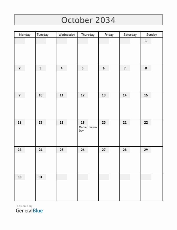 Albania October 2034 Calendar with Holidays