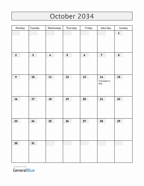 Armenia October 2034 Calendar with Holidays