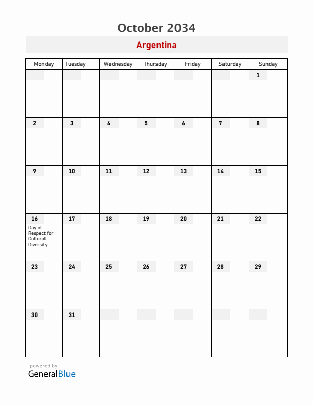 Argentina October 2034 Calendar with Holidays