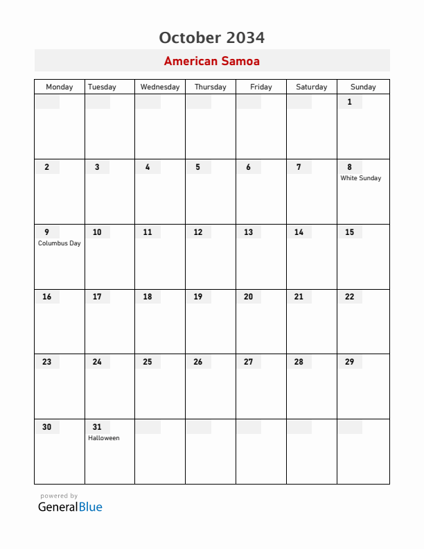 American Samoa October 2034 Calendar with Holidays