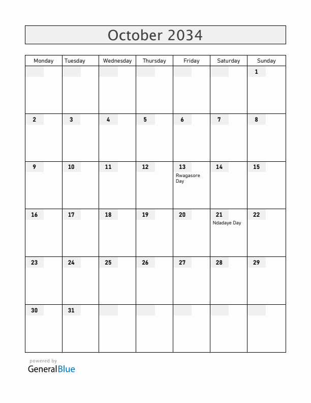 Burundi October 2034 Calendar with Holidays
