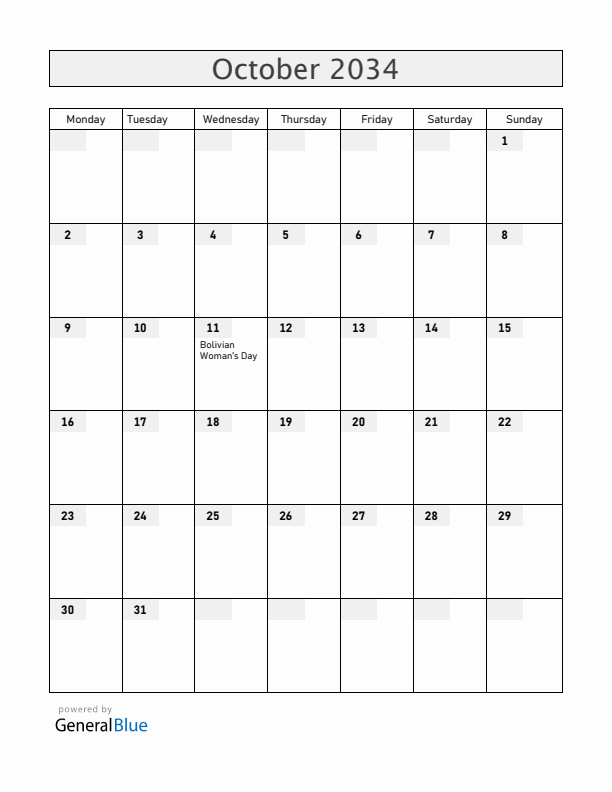 Bolivia October 2034 Calendar with Holidays