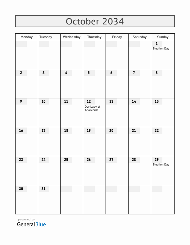 Brazil October 2034 Calendar with Holidays