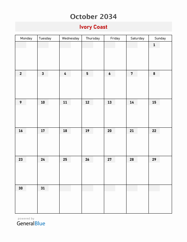 Ivory Coast October 2034 Calendar with Holidays