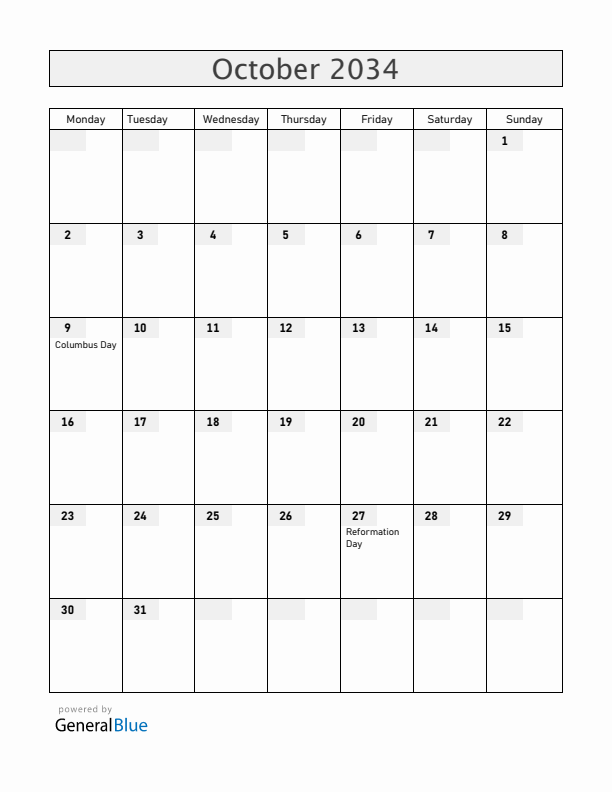 Chile October 2034 Calendar with Holidays