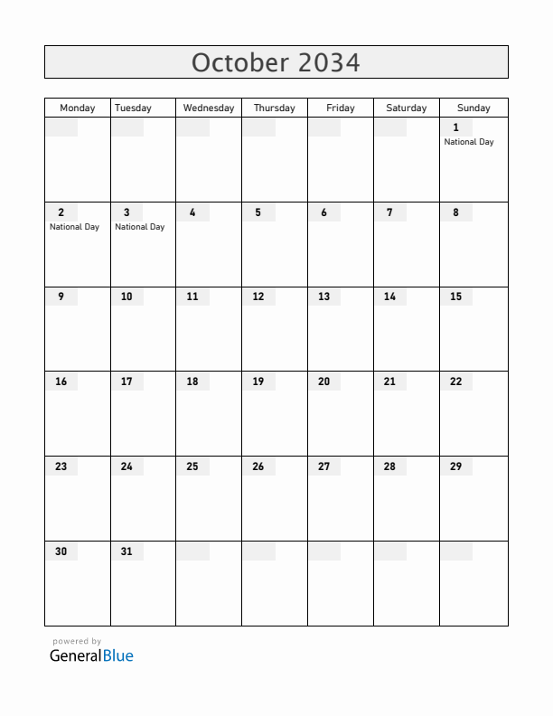 China October 2034 Calendar with Holidays
