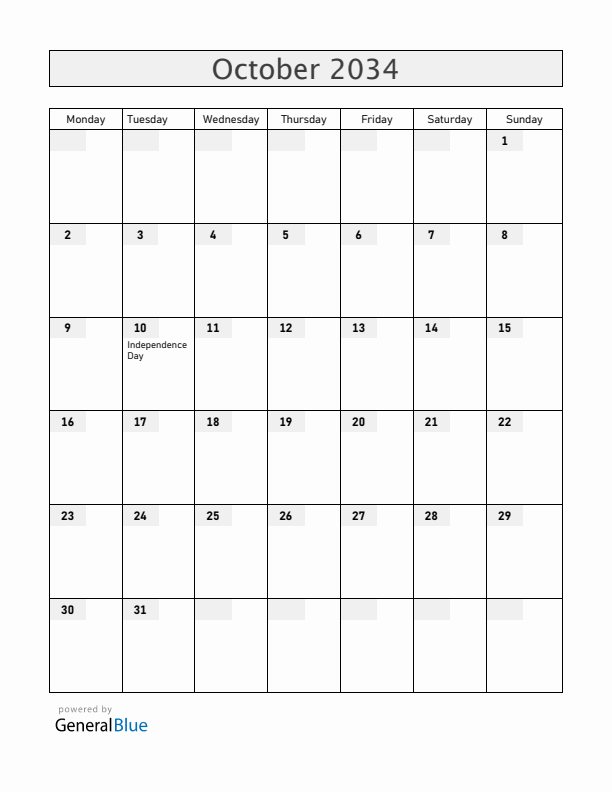 Cuba October 2034 Calendar with Holidays
