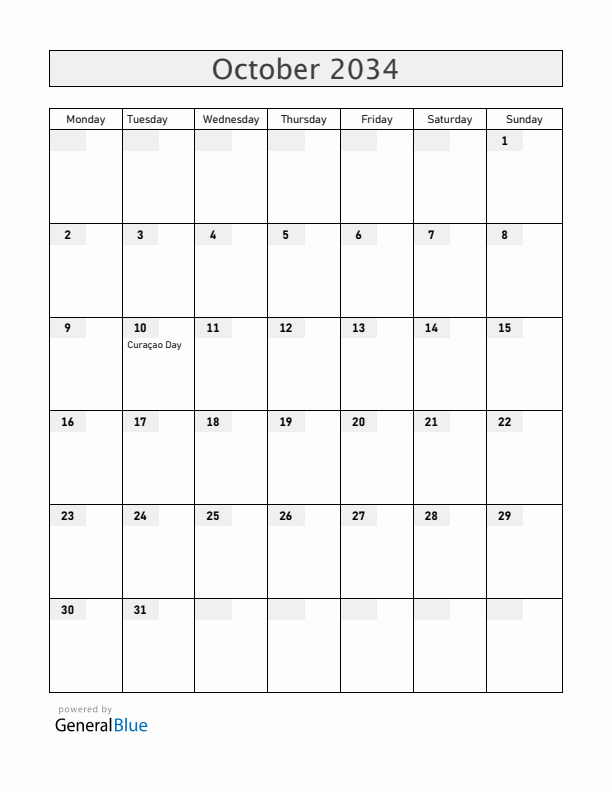 Curacao October 2034 Calendar with Holidays