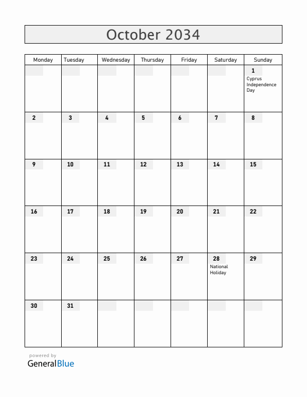 Cyprus October 2034 Calendar with Holidays