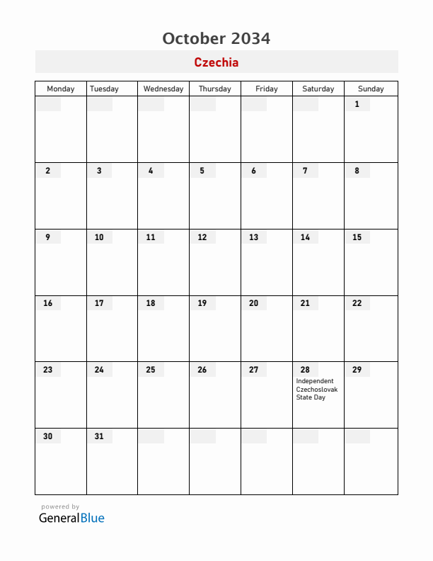 Czechia October 2034 Calendar with Holidays