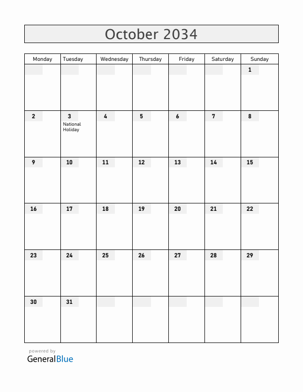 Germany October 2034 Calendar with Holidays