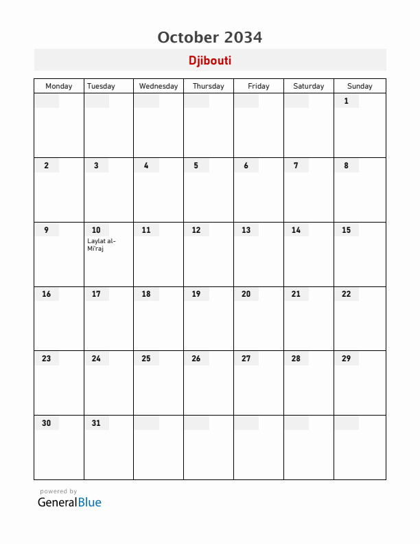 Djibouti October 2034 Calendar with Holidays