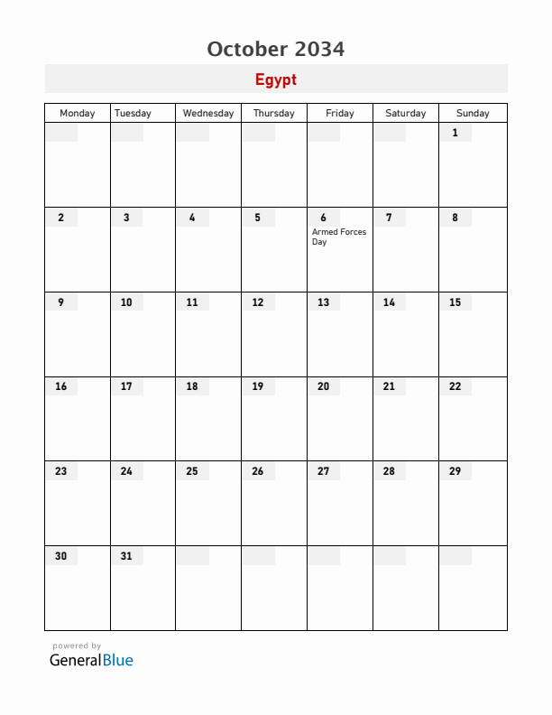Egypt October 2034 Calendar with Holidays