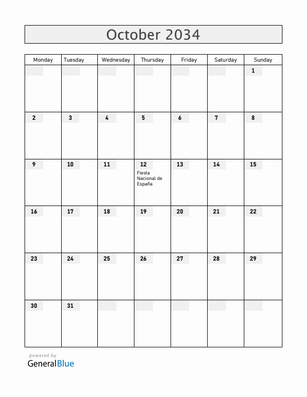 Spain October 2034 Calendar with Holidays