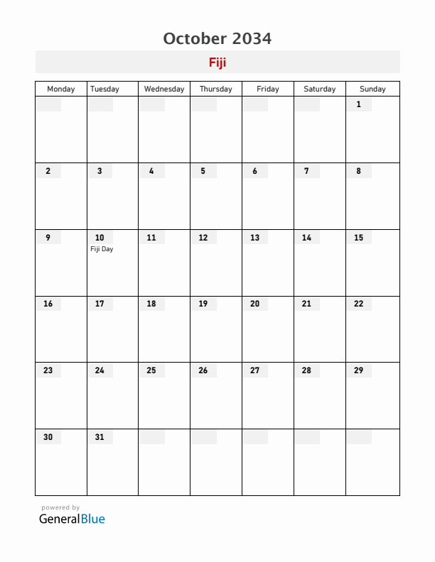 Fiji October 2034 Calendar with Holidays