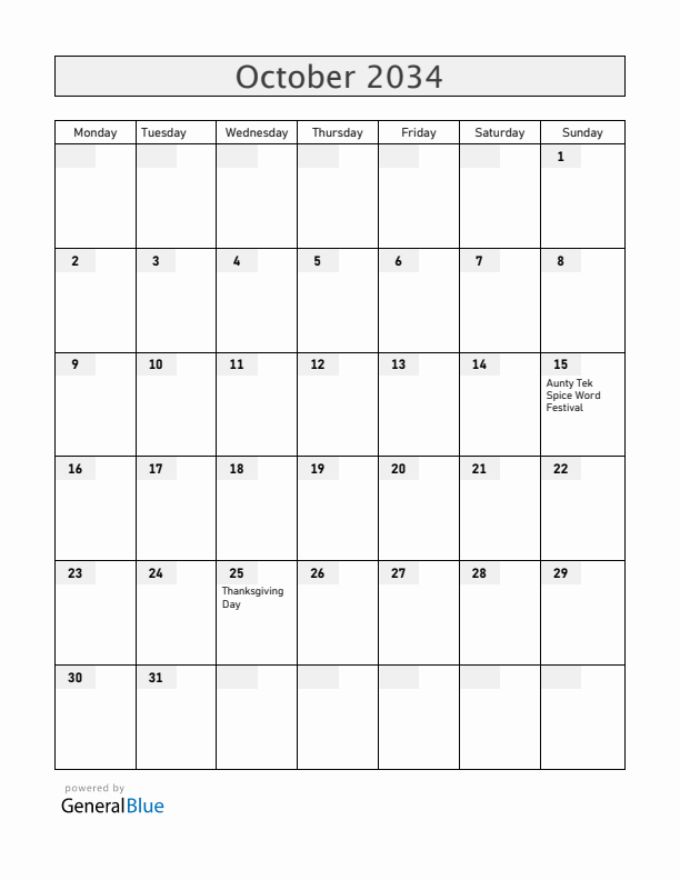 Grenada October 2034 Calendar with Holidays