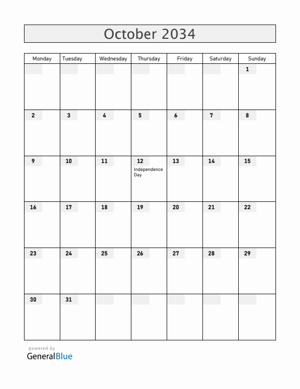 Equatorial Guinea October 2034 Calendar with Holidays