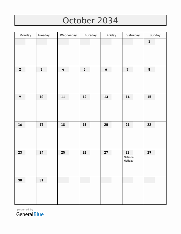 Greece October 2034 Calendar with Holidays