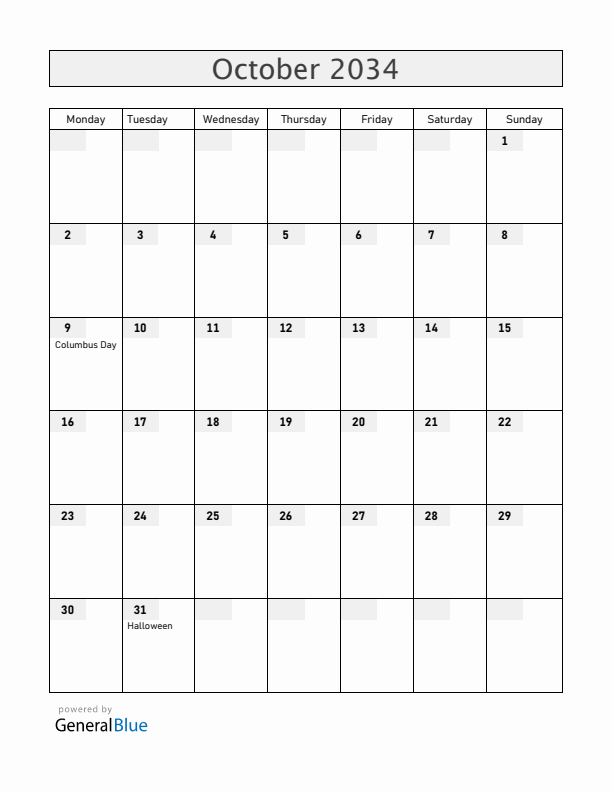 Guam October 2034 Calendar with Holidays