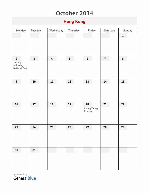 Hong Kong October 2034 Calendar with Holidays