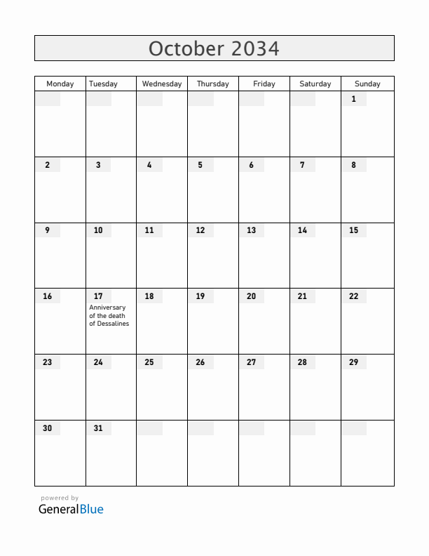 Haiti October 2034 Calendar with Holidays