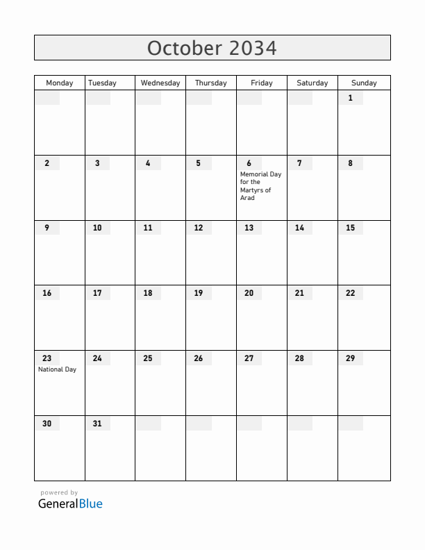 Hungary October 2034 Calendar with Holidays