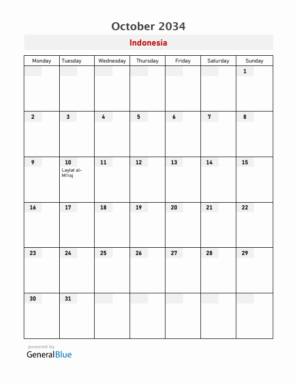 Indonesia October 2034 Calendar with Holidays