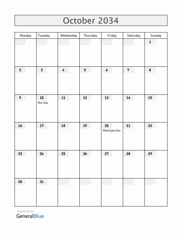 Kenya October 2034 Calendar with Holidays