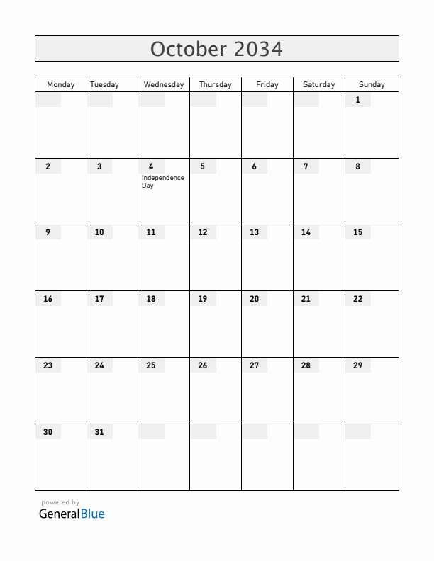 Lesotho October 2034 Calendar with Holidays