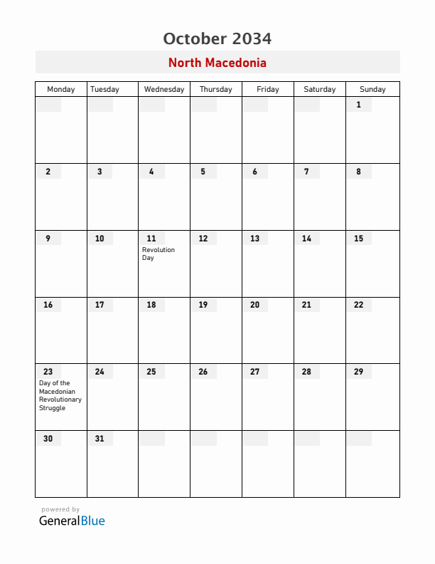 North Macedonia October 2034 Calendar with Holidays