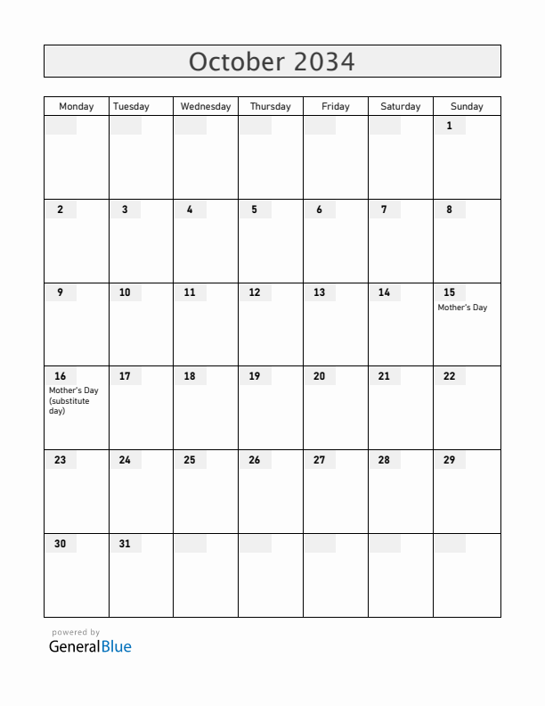 Malawi October 2034 Calendar with Holidays