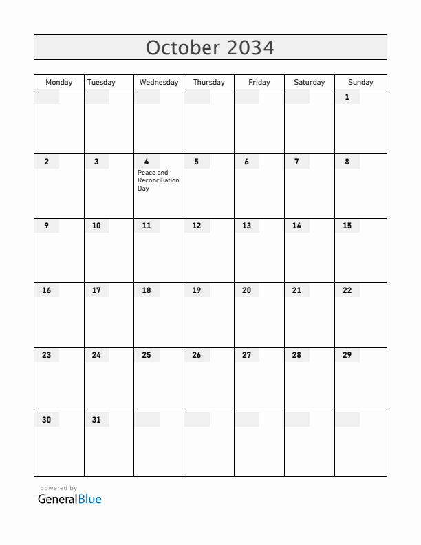 Mozambique October 2034 Calendar with Holidays