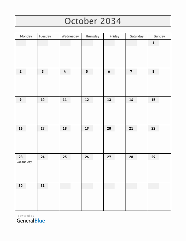 New Zealand October 2034 Calendar with Holidays