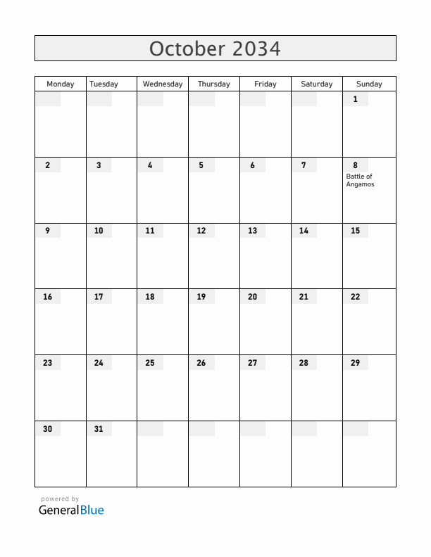 Peru October 2034 Calendar with Holidays
