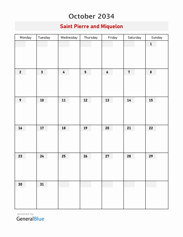 Saint Pierre and Miquelon October 2034 Calendar with Holidays