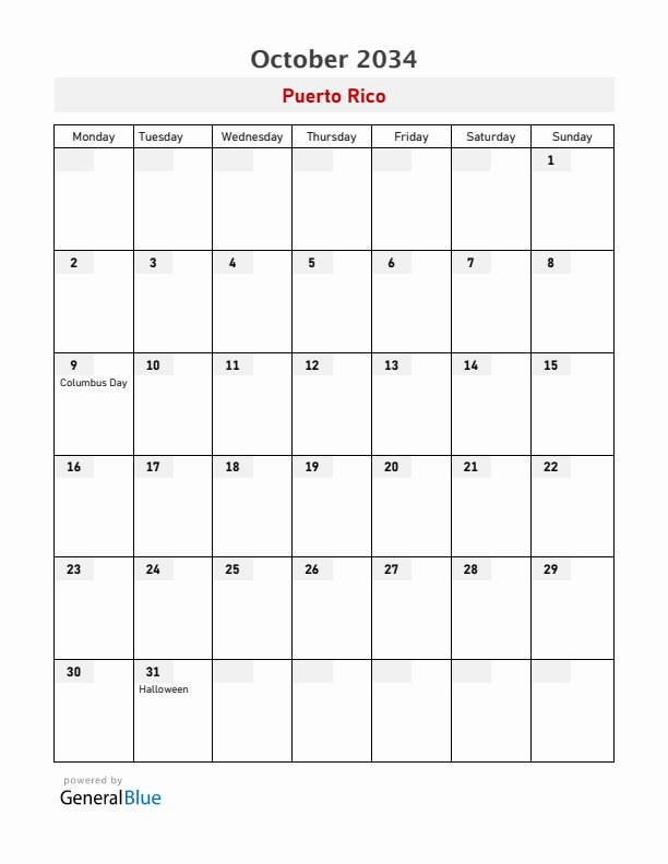 Puerto Rico October 2034 Calendar with Holidays