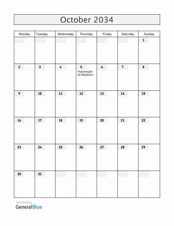 Portugal October 2034 Calendar with Holidays