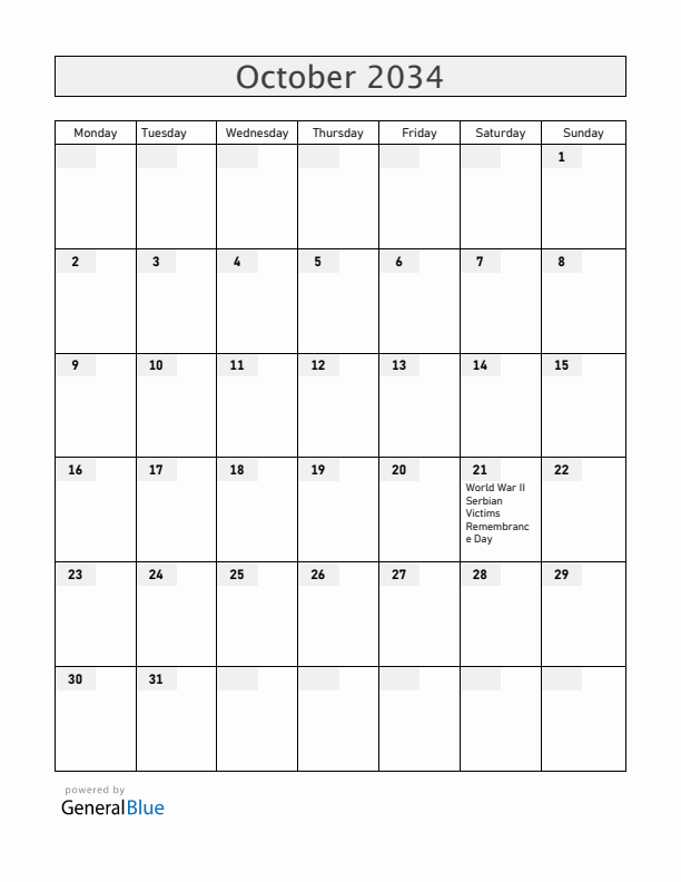 Serbia October 2034 Calendar with Holidays