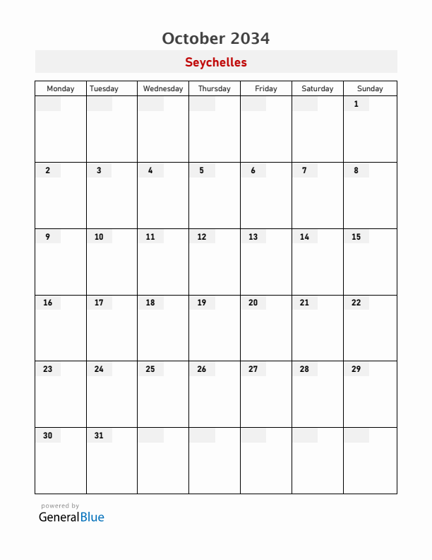 Seychelles October 2034 Calendar with Holidays